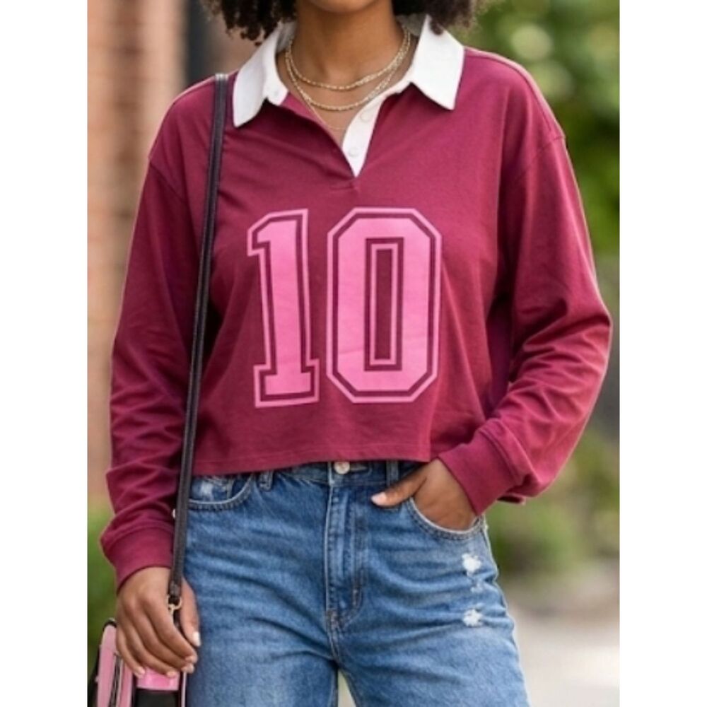 Mighty Fine Burgundy Long Sleeve Shirt with Pink Number 10 Size M